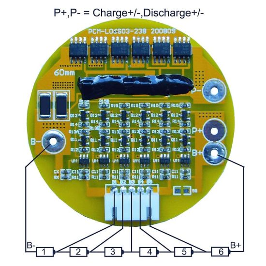 5s~6s 10A Circular PCM BMS for 21.6V 22.2V Li-ion/Lithium/ Li-Polymer 18V 19.2V LiFePO4 Battery Pack Size Φ 60mm (PCM-Li06S3-238)